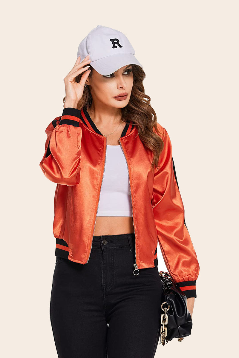 Striped Biker Jacket Zip Up Bomber Jacket – Zeagoo- Orange Striped Biker Jacket Zip Up Bomber Jacket – Zeagoo- Orange