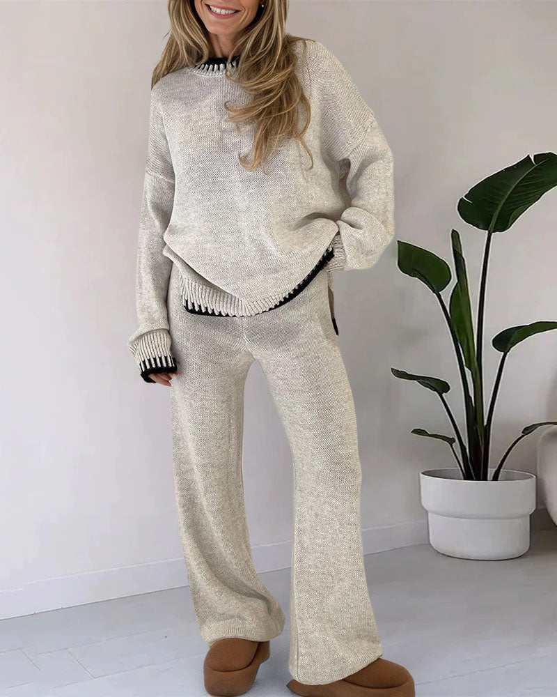 Zeagoo Casual Two-Pieces Outfits Contrast Trim Knitted Jumper and Trousers Sets – Beige S