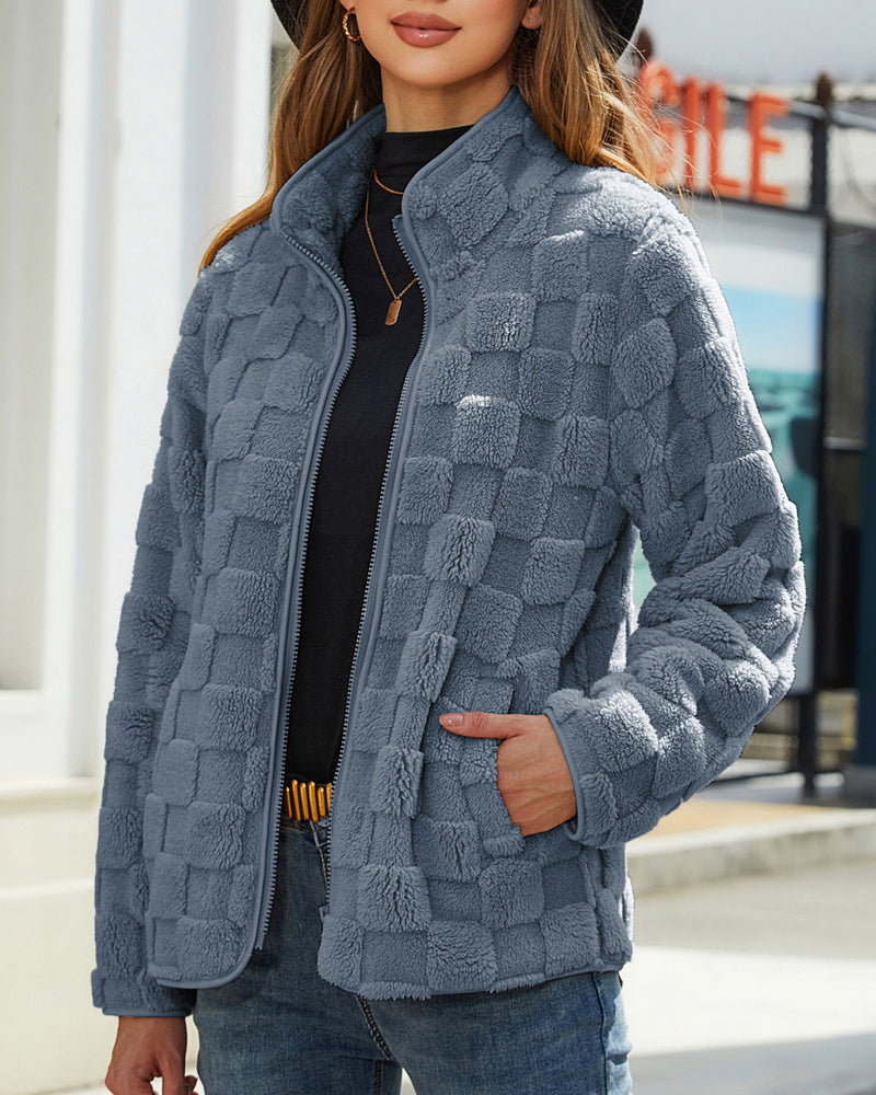 Long-sleeved Zippered Cardigan Loose Solid Color Checkered Plush Jacket – Blue S Long-sleeved Zippered Cardigan Loose Solid Color Checkered Plush Jacket – Blue S