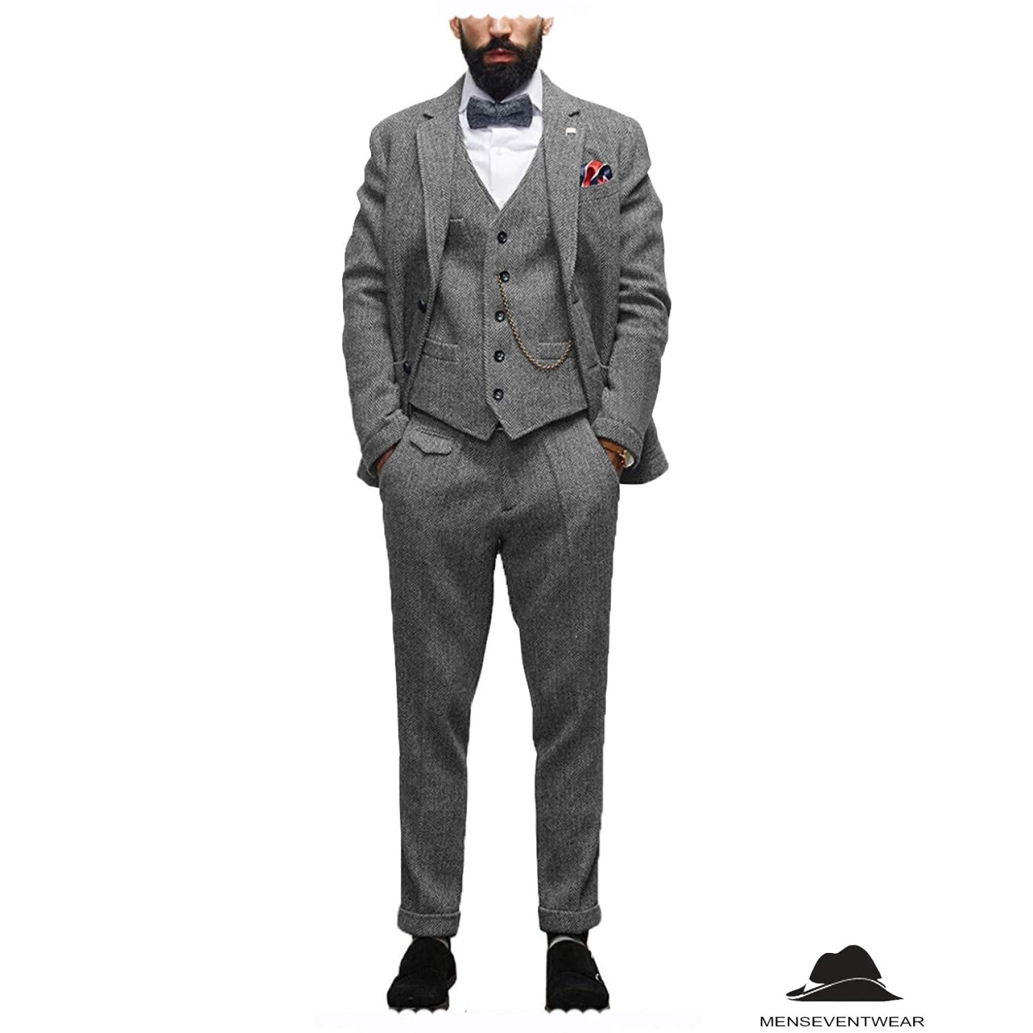 Menseventwear Pieces Classic Mens Suit Herringbone Notch Lapel Blazer Blazer+vest+Pants Menseventwear Pieces Classic Mens Suit Herringbone Notch Lapel Blazer Blazer+vest+Pants