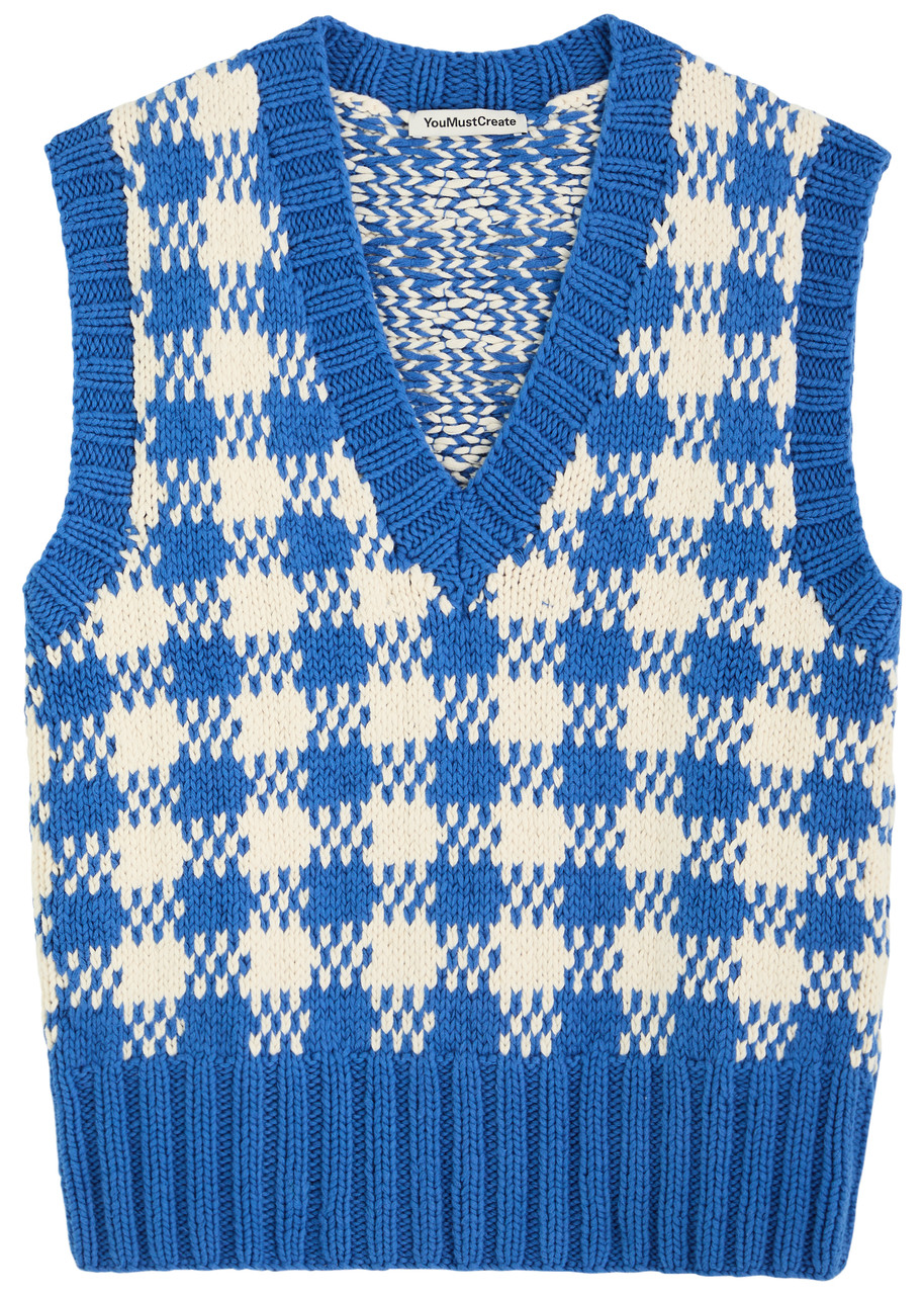 Ymc Heidi Checked Knitted Cotton Vest – Blue And White – S – S Ymc Heidi Checked Knitted Cotton Vest – Blue And White – S – S