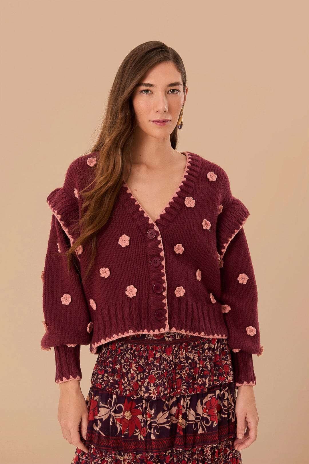 Burgundy Crochet Flowers Knit Cardigan, BURGUNDY Burgundy Crochet Flowers Knit Cardigan, BURGUNDY