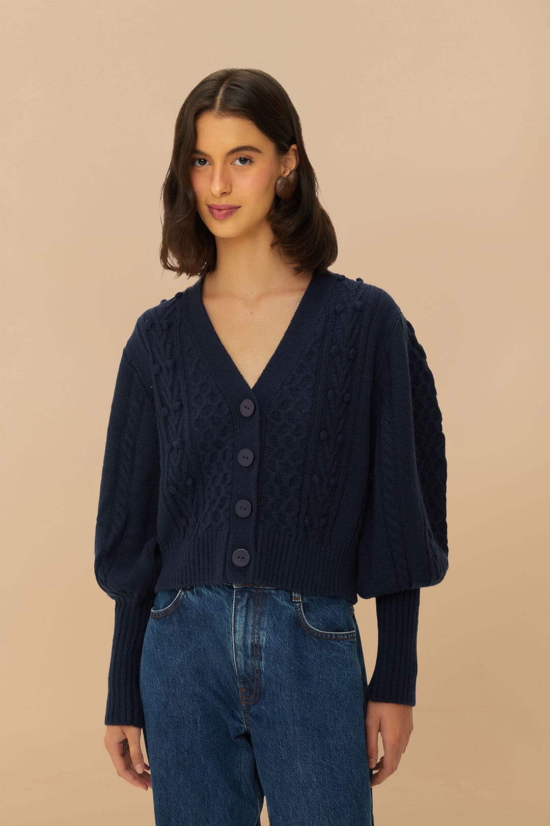 Navy Blue Mixed Stitches Knit Cardigan, DARK BLUE Navy Blue Mixed Stitches Knit Cardigan, DARK BLUE