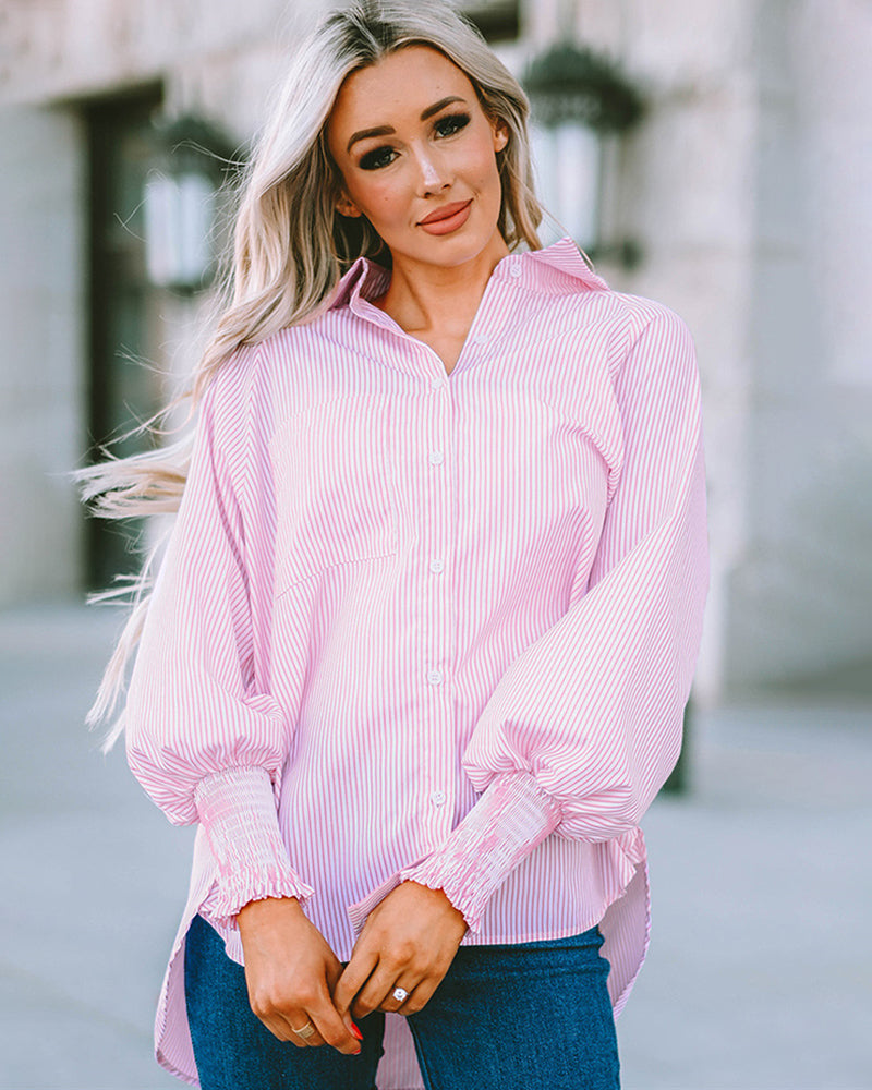 Zeagoo Stripe Button-Down Long Sleeve Shirt Contrast Business Casual Top Loose Blouse – Pink M Zeagoo Stripe Button-Down Long Sleeve Shirt Contrast Business Casual Top Loose Blouse – Pink M