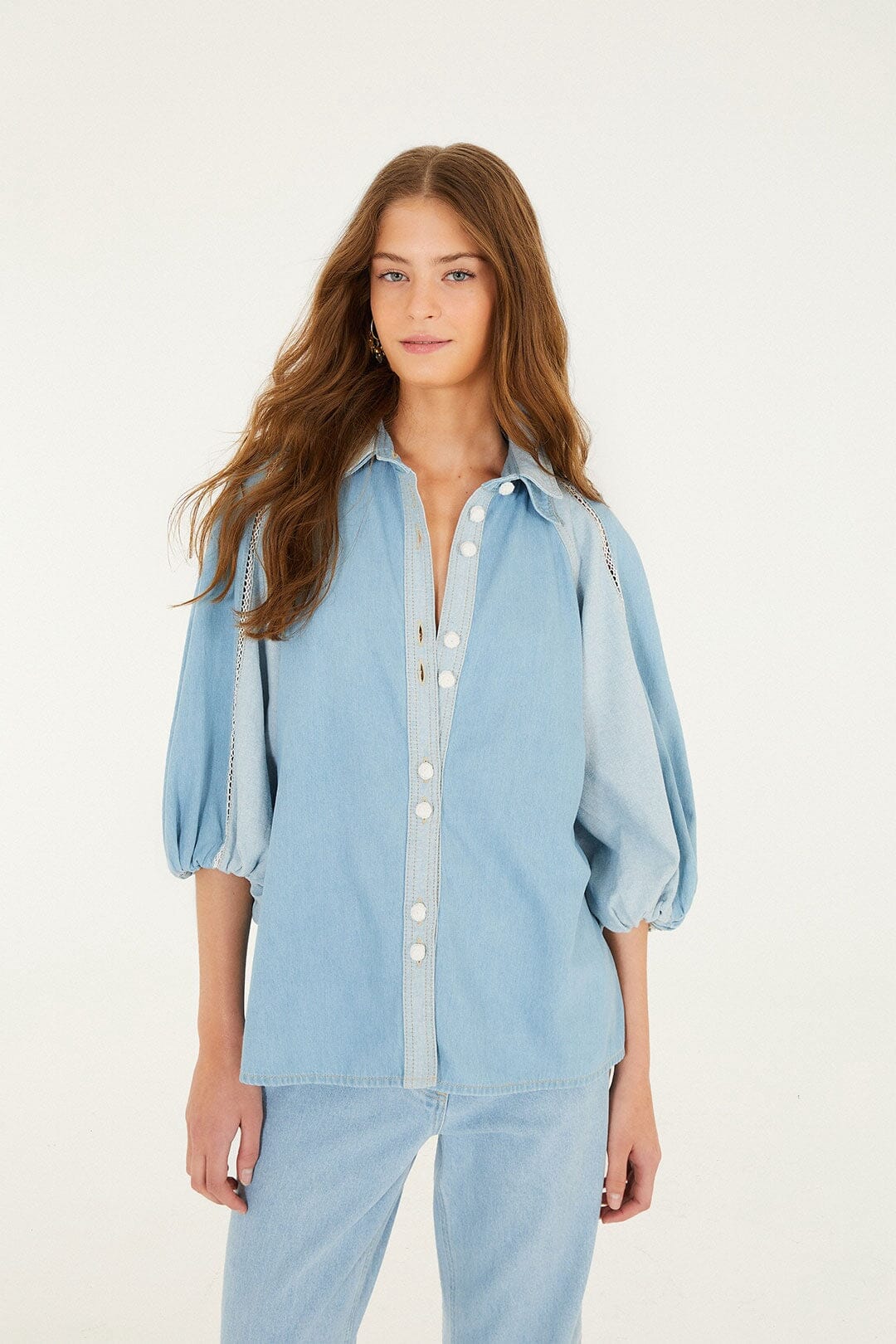 Denim Bicolor Puff Sleeve Shirt, DENIM Denim Bicolor Puff Sleeve Shirt, DENIM