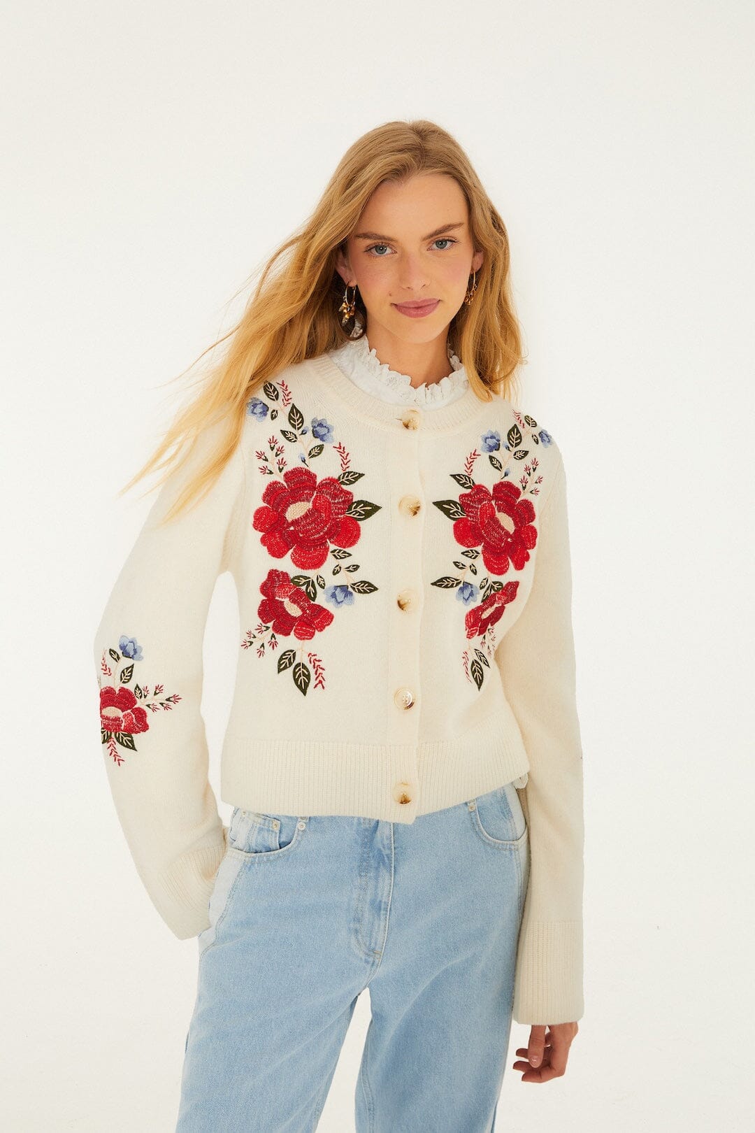 Cream Embroidered Flowers Buttoned Knit Cardigan, CREAM Cream Embroidered Flowers Buttoned Knit Cardigan, CREAM