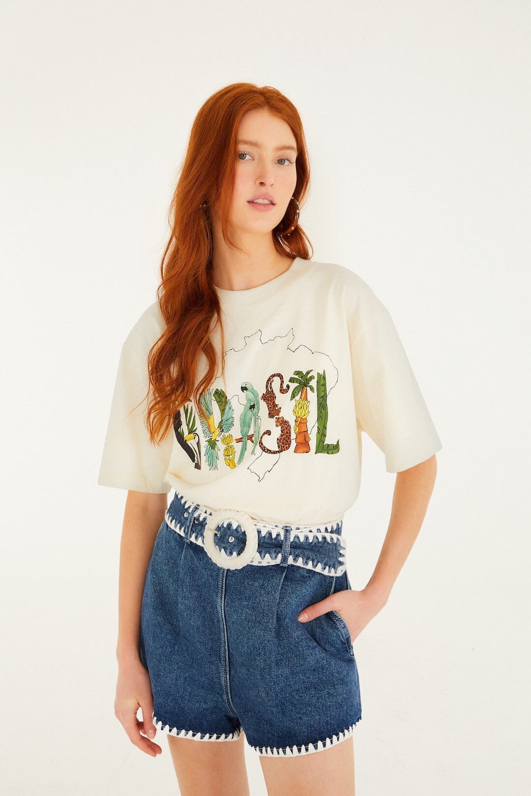 Denim Crochet Embroidery Belted Shorts, DENIM Denim Crochet Embroidery Belted Shorts, DENIM