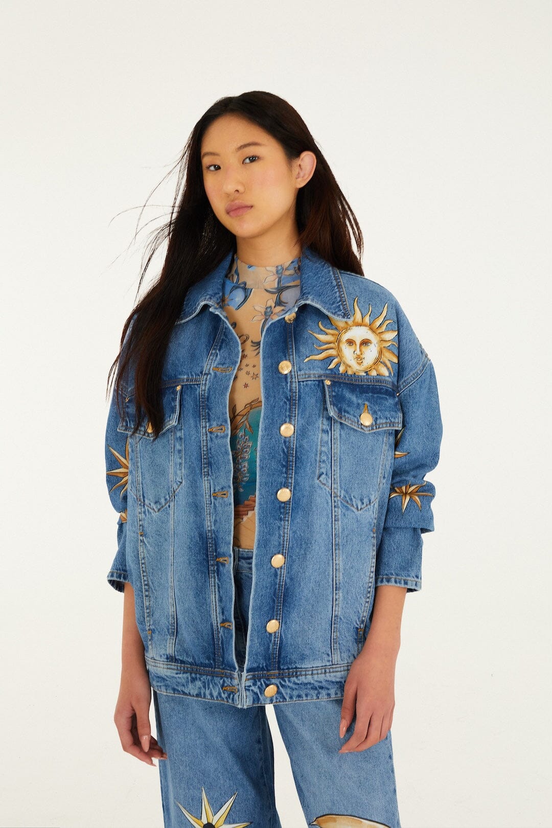 Denim Mystical Sun Printed Jacket, DENIM Denim Mystical Sun Printed Jacket, DENIM