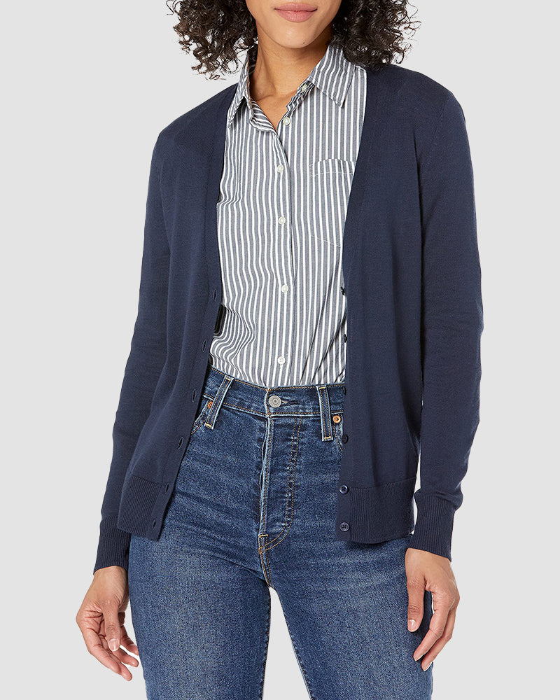 Long Sleeve Choker Top Lightweight Vee Cardigan Sweater – Navy blue Long Sleeve Choker Top Lightweight Vee Cardigan Sweater – Navy blue