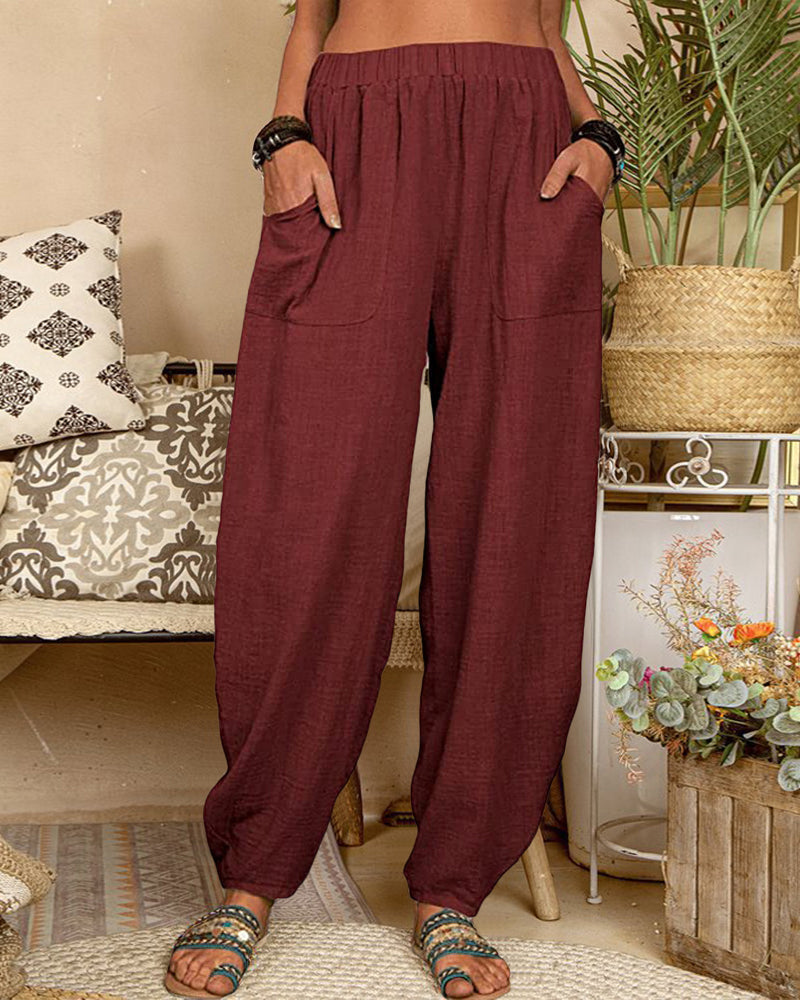 Long Elastic Loose Casual Trousers Harem Pants Pockets Wide Leg Pants – Wine Red Long Elastic Loose Casual Trousers Harem Pants Pockets Wide Leg Pants – Wine Red