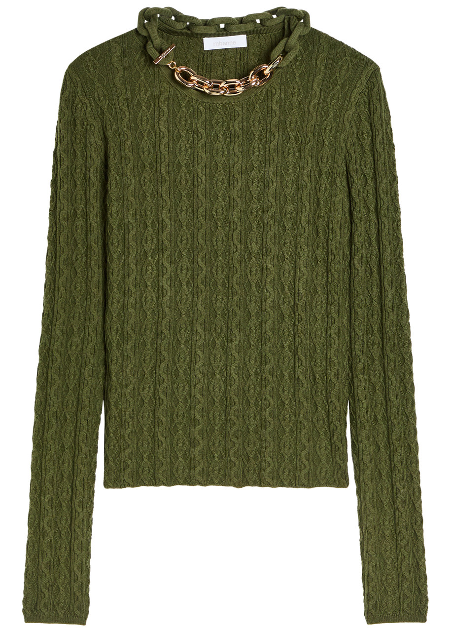 Rabanne Chain-embellished Cable-knit Jumper – Khaki – S – S Rabanne Chain-embellished Cable-knit Jumper – Khaki – S – S