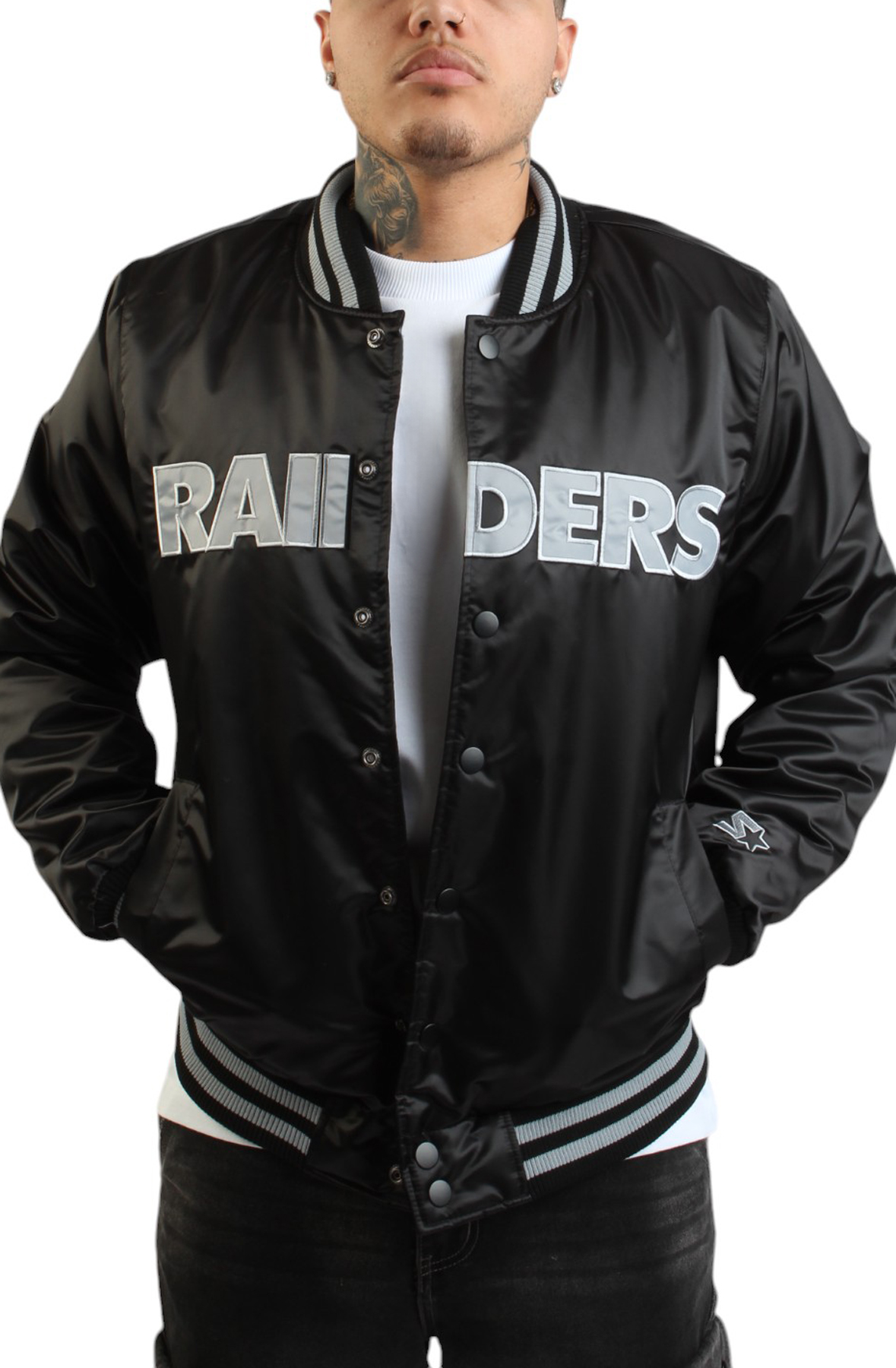 Men NFL Raiders Satin Bomber Jacket BlackSilver Jackets S BlackSilver Men NFL Raiders Satin Bomber Jacket BlackSilver Jackets S BlackSilver