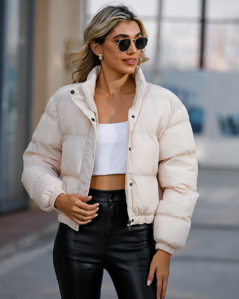 Short Puffer Jacket Stands Up Button Zipper Outerwear – Beige Short Puffer Jacket Stands Up Button Zipper Outerwear – Beige
