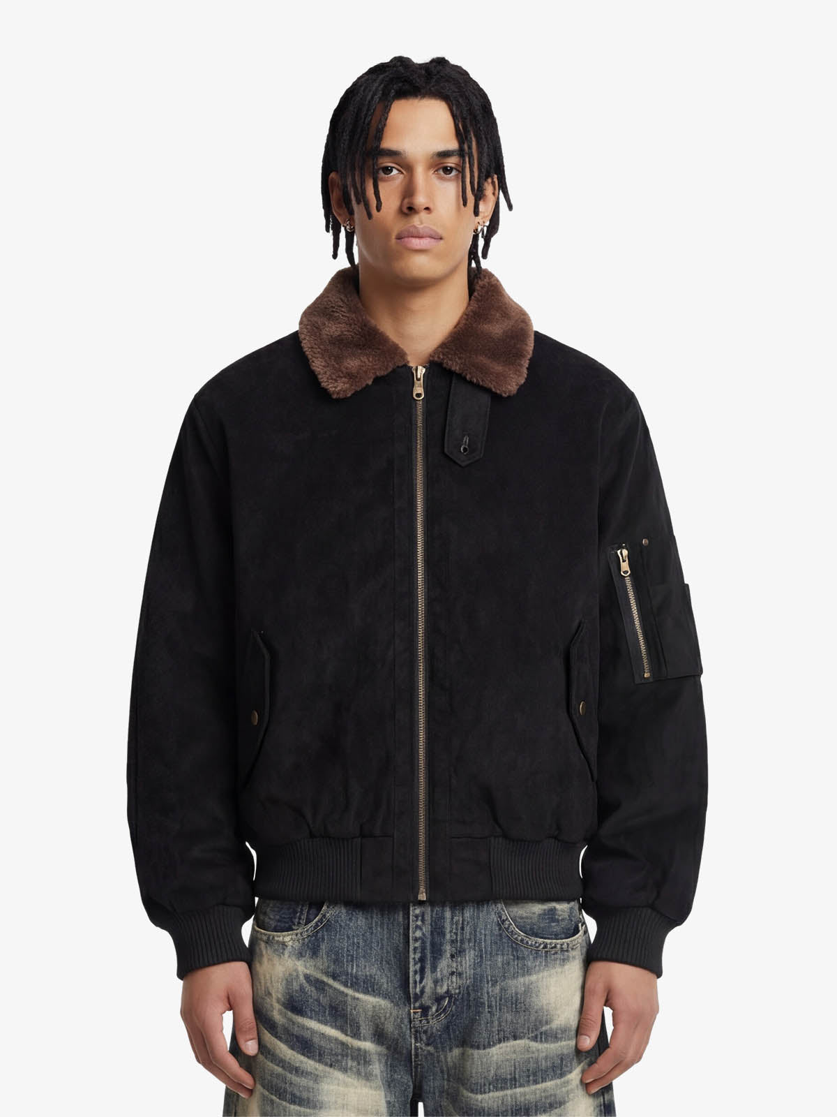 Retro Suede Faux Fur Collar Fleece Lined Bomber Jacket Retro Suede Faux Fur Collar Fleece Lined Bomber Jacket