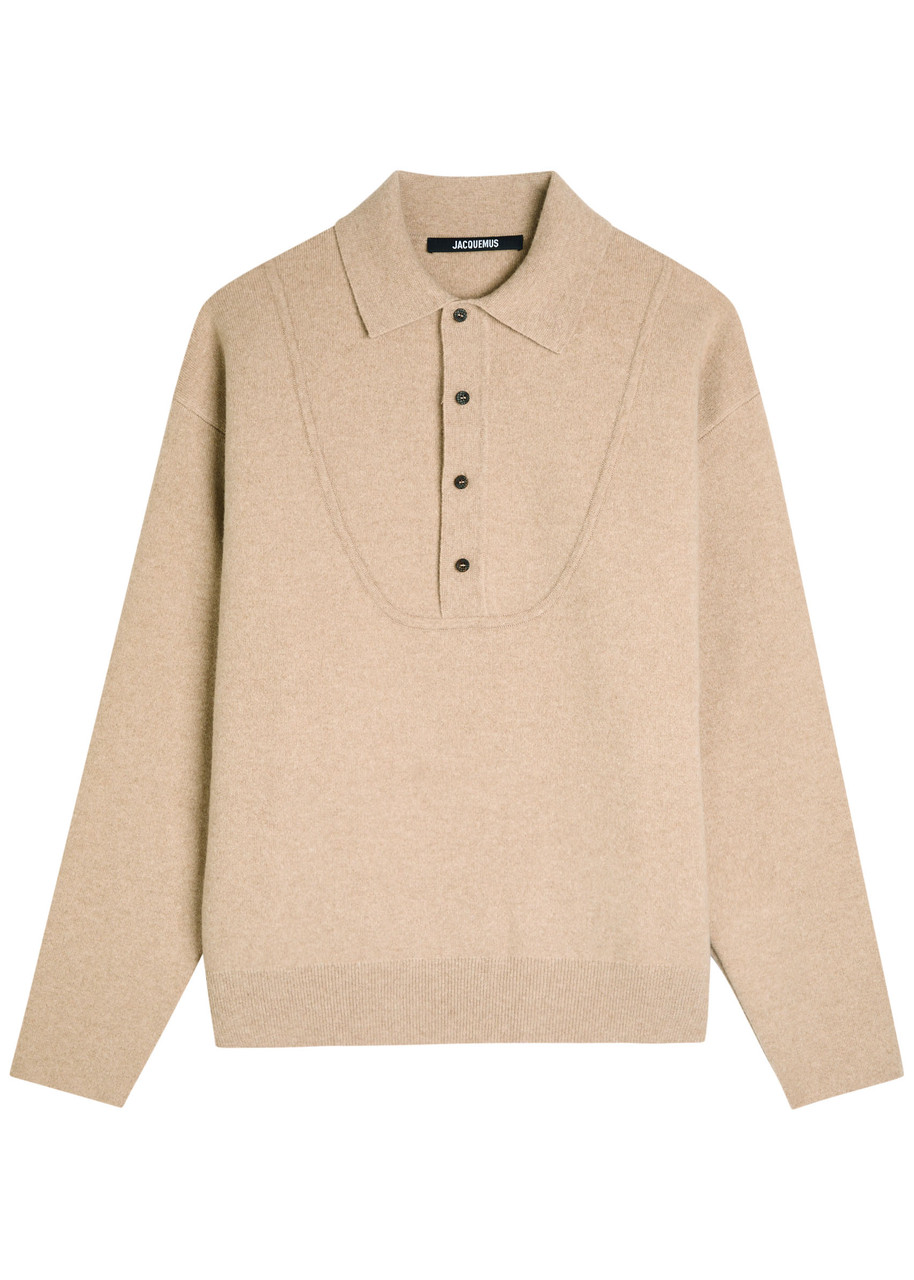 Jacquemus La Pallone Melange Wool and Cashmere-blend Polo Jumper – Beige Jacquemus La Pallone Melange Wool and Cashmere-blend Polo Jumper – Beige