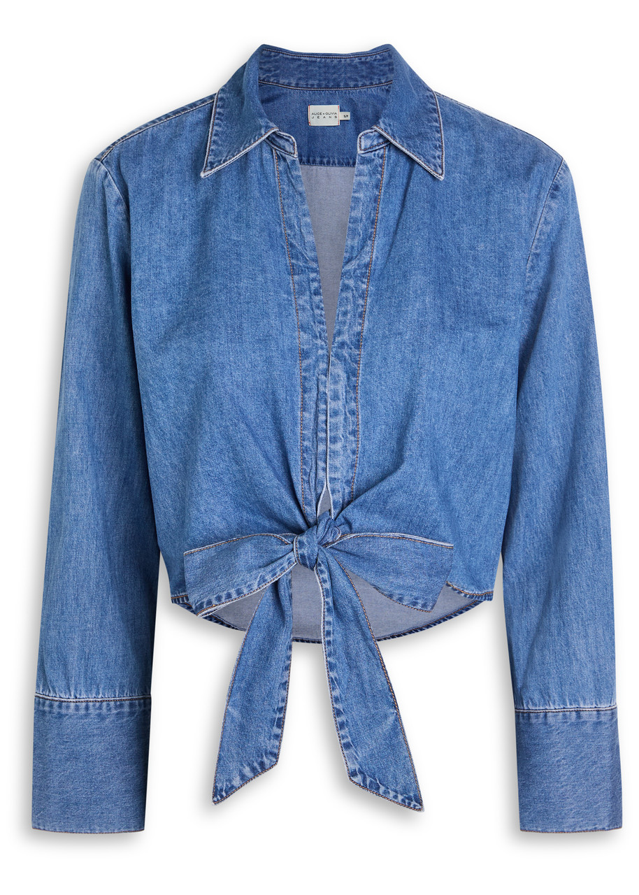 Alice + Olivia Hannon Chambray Denim Shirt – Blue – L L Alice + Olivia Hannon Chambray Denim Shirt – Blue – L L