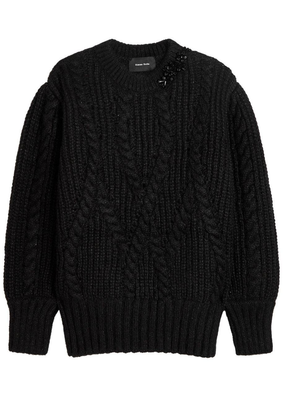 Simone Rocha Embellished Cable-knit Alpaca-blend Jumper – Black – M M Simone Rocha Embellished Cable-knit Alpaca-blend Jumper – Black – M M