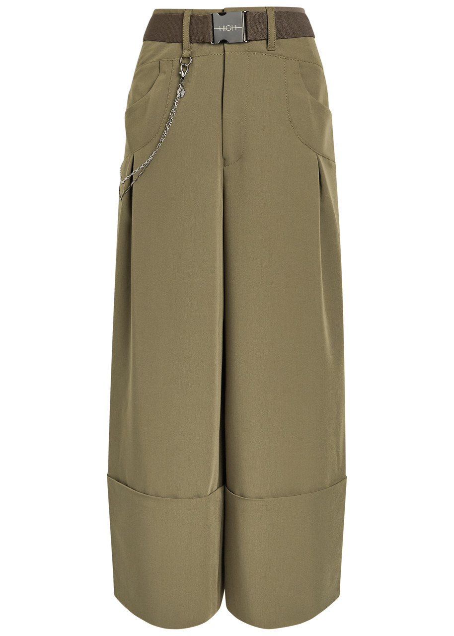 High Gillie Belted Woven Wide-leg Trousers – Olive – High Gillie Belted Woven Wide-leg Trousers – Olive –
