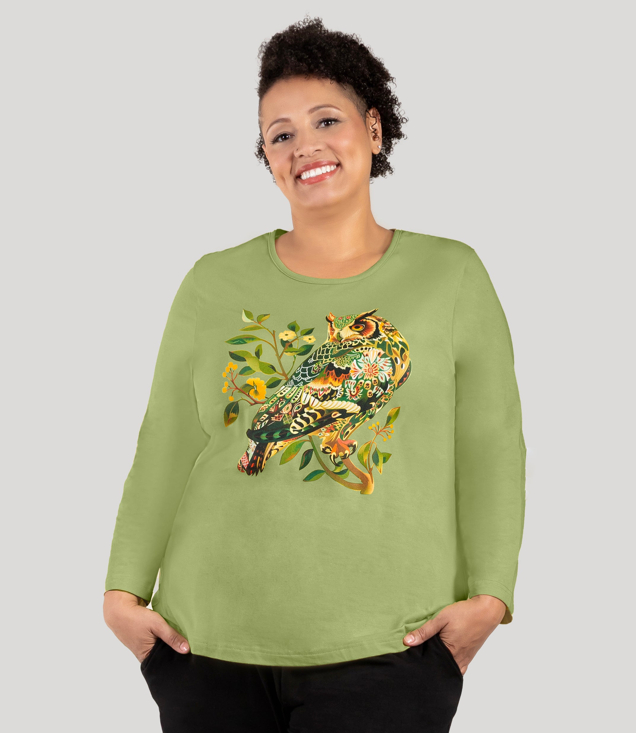 Designer Graphic Long Sleeve Scoop Neck Top Woodland Owl, X Aloe Green Designer Graphic Long Sleeve Scoop Neck Top Woodland Owl, X Aloe Green
