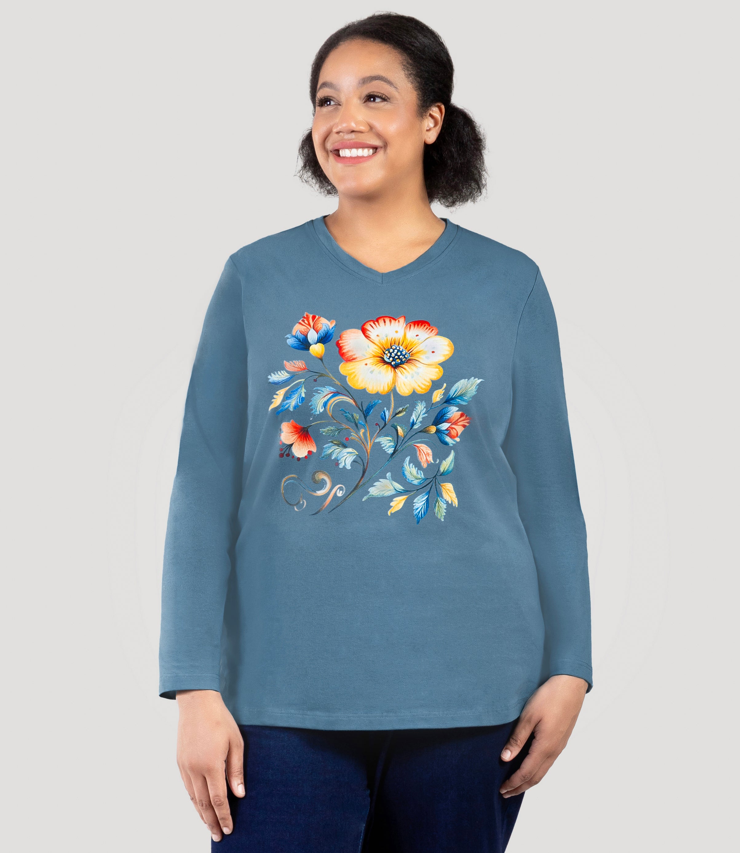 Designer Graphic Long Sleeve V-Neck Top Amber Flora, X Dusty Teal Designer Graphic Long Sleeve V-Neck Top Amber Flora, X Dusty Teal