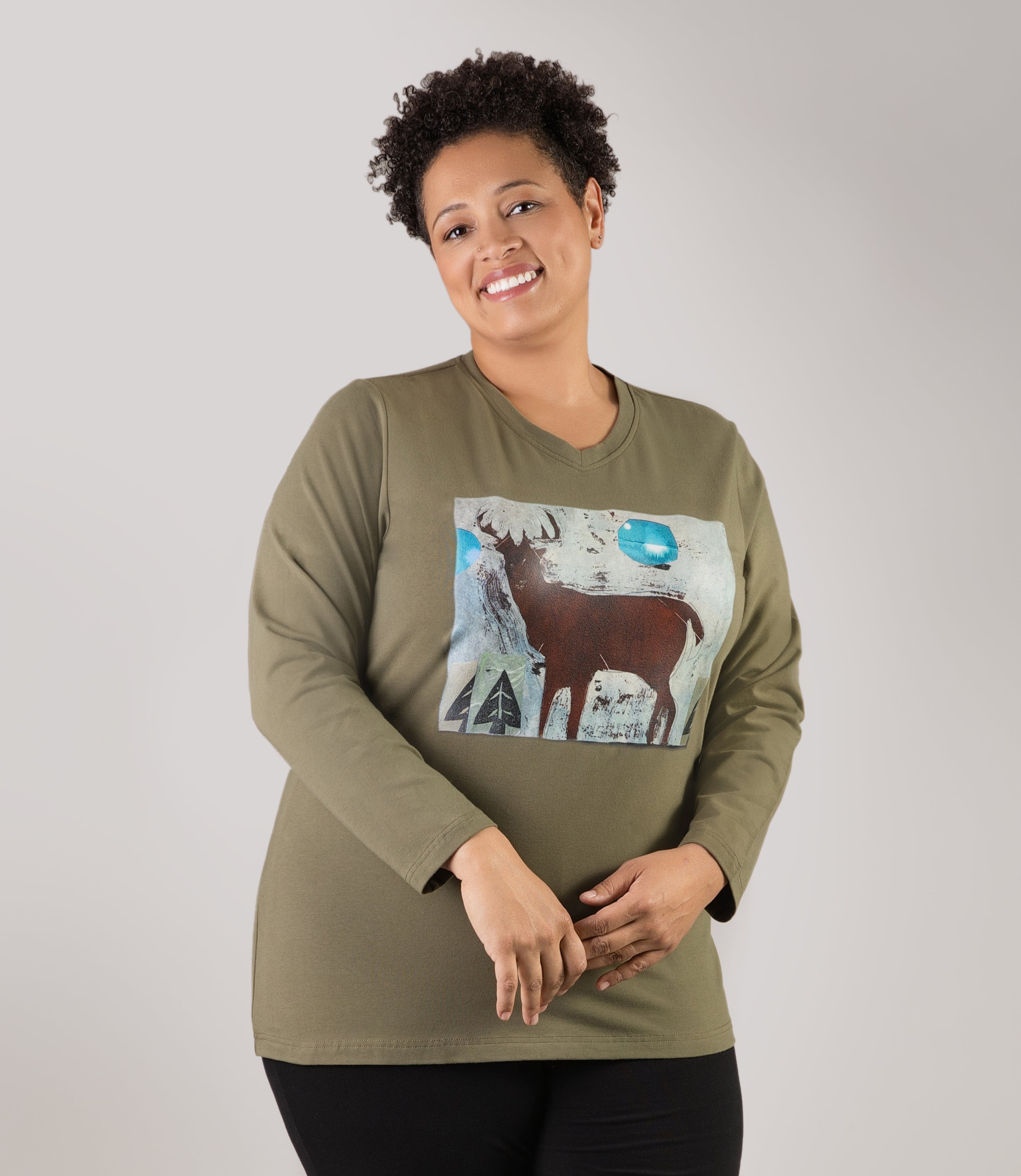 Designer Graphic Long Sleeve V-Neck Top Twilight Forest – FINAL SALE, Moss Green Designer Graphic Long Sleeve V-Neck Top Twilight Forest – FINAL SALE, Moss Green