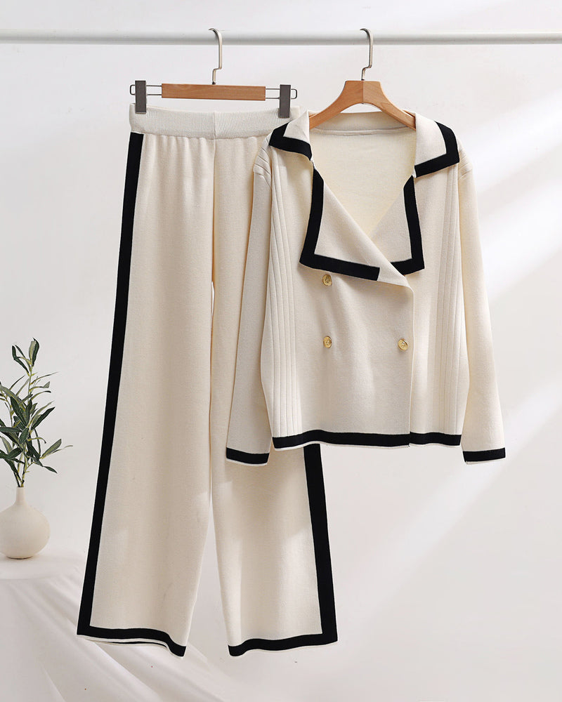 Zeagoo Collared Casual Comfort Knitted Set Color-Blocked Long-Sleeve Top and Pants – Beige L-