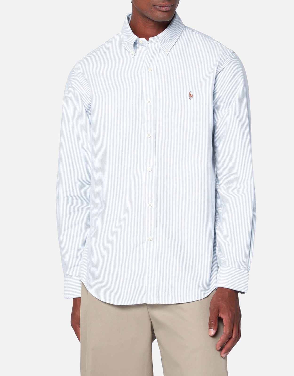 Polo Ralph Lauren Men’s Custom-Fit Cotton Light Blue White Striped Oxford Shirt