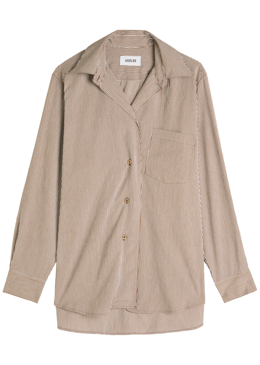 Agolde Aris Asymmetric Striped Woven Shirt – Light Brown – L L Agolde Aris Asymmetric Striped Woven Shirt – Light Brown – L L