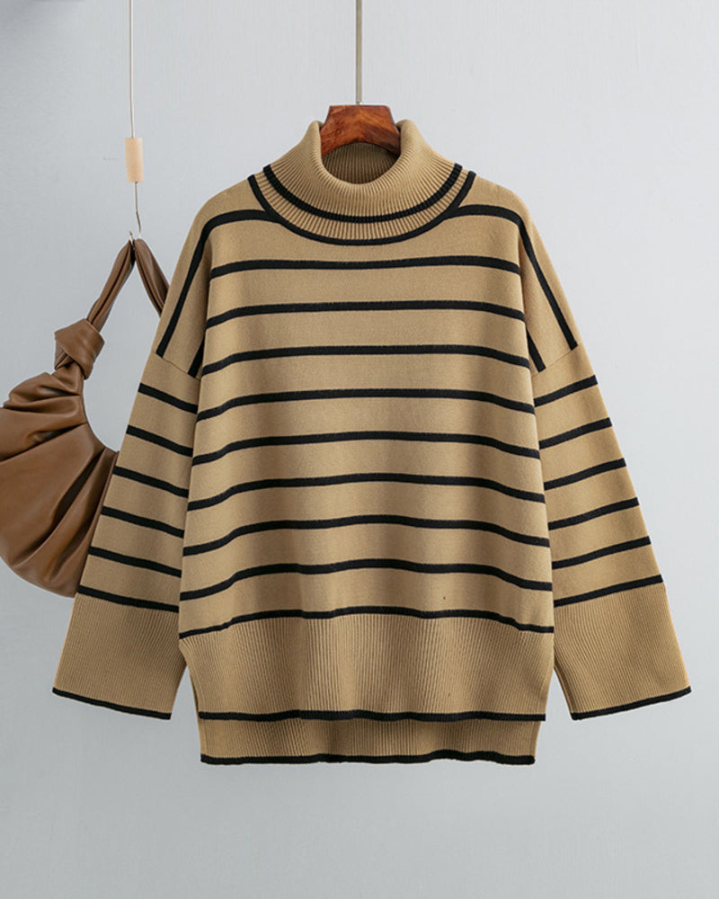 Striped Sweater Casual Turtleneck Knit Pullover Jumper Tops – Khaki L-