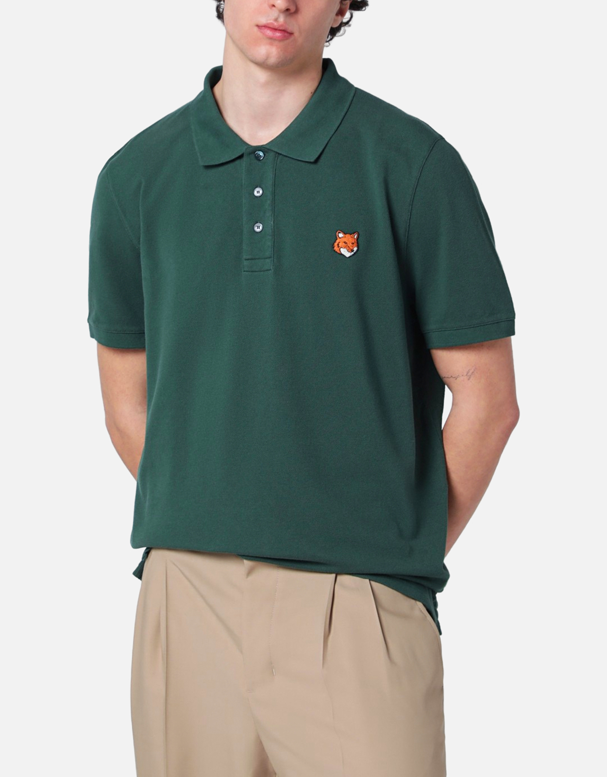 Maison Kitsun Men’s Bottle Green Cotton Regular Fit Polo Shirt Maison Kitsun Men’s Bottle Green Cotton Regular Fit Polo Shirt