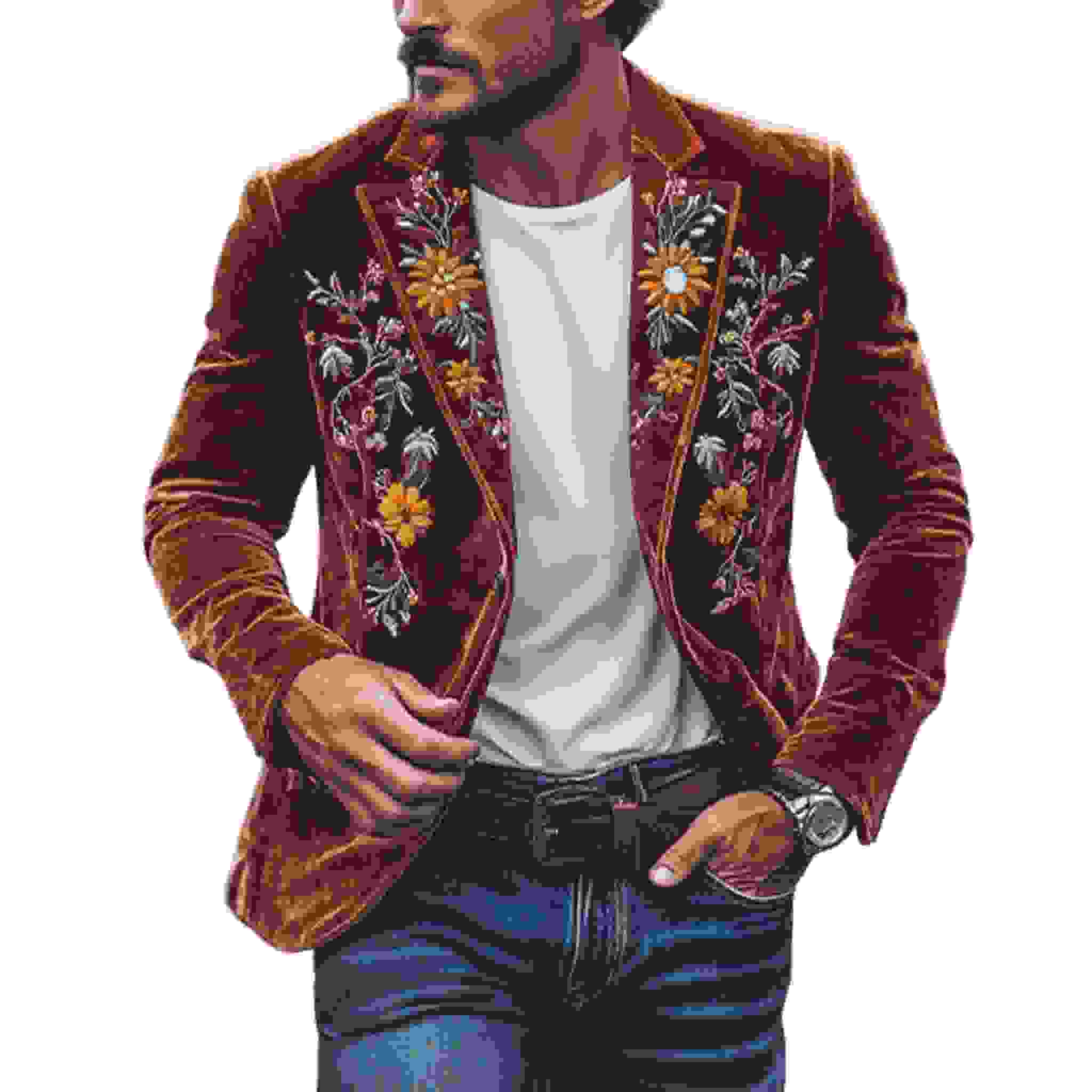 Men’s Classic Retro Slim Fit Single Breasted Faux Velvet Embroidered Blazer K Men’s Classic Retro Slim Fit Single Breasted Faux Velvet Embroidered Blazer K