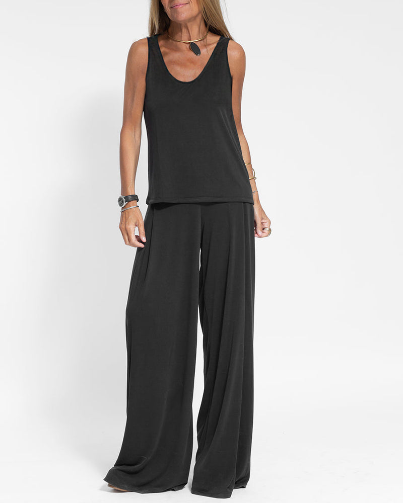 Zeagoo Casual Two Pieces Set Sleeveless V neck Vest Tops and Wide Leg Long Pants – Black L- Zeagoo Casual Two Pieces Set Sleeveless V neck Vest Tops and Wide Leg Long Pants – Black L-