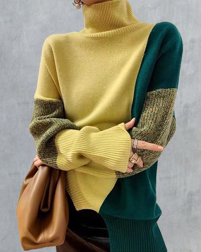 Zeagoo Color Stitching Pullover Wool Long Sleeve Loose Turtleneck Knit Sweater – Beige L- Zeagoo Color Stitching Pullover Wool Long Sleeve Loose Turtleneck Knit Sweater – Beige L-