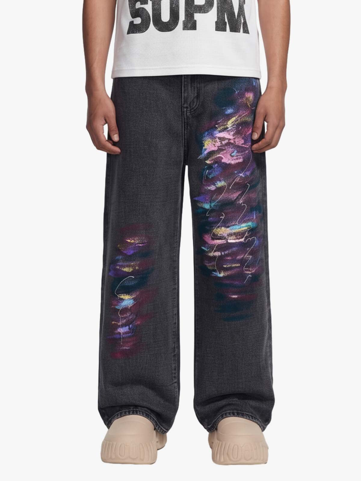 Retro Distressed Colorful Graffiti Art Print Jeans Retro Distressed Colorful Graffiti Art Print Jeans