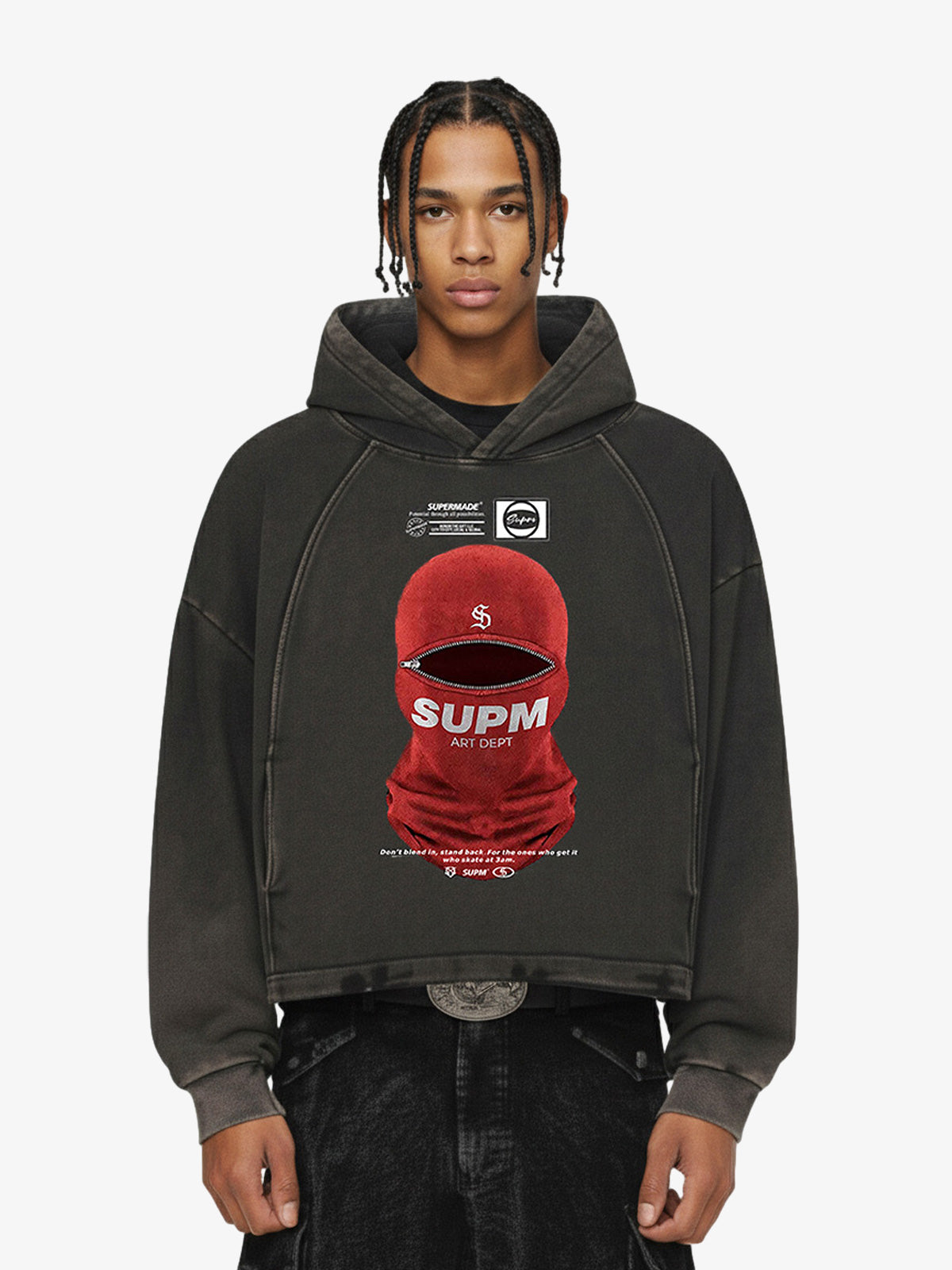 Retro Bandit Hat Graphic Distressed Cropped Hoodie Retro Bandit Hat Graphic Distressed Cropped Hoodie