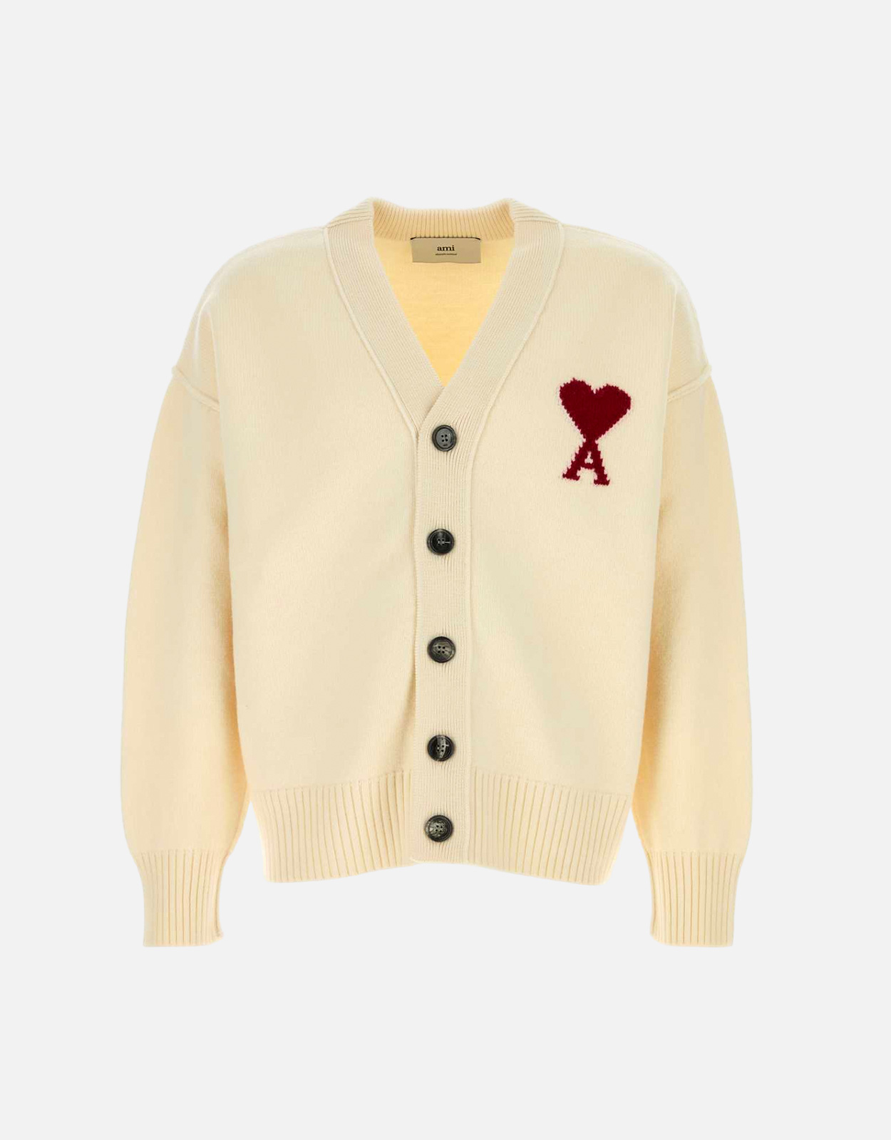 AMI Paris Men’s Natural Wool Cardigan With Contrasted Ami De Coeur AMI Paris Men’s Natural Wool Cardigan With Contrasted Ami De Coeur