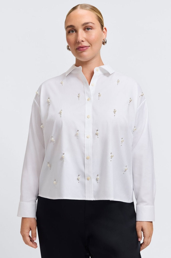 Marina Plus Pearl & Rhinestone Appliqué Long Sleeve Short Shirt Marina Plus Pearl & Rhinestone Appliqué Long Sleeve Short Shirt