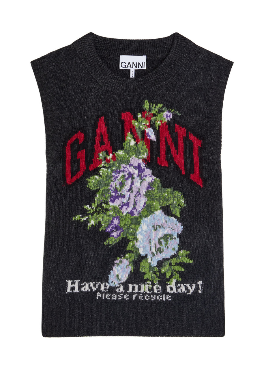 Ganni Floral-intarsia Wool-blend Vest – Black – L L Ganni Floral-intarsia Wool-blend Vest – Black – L L