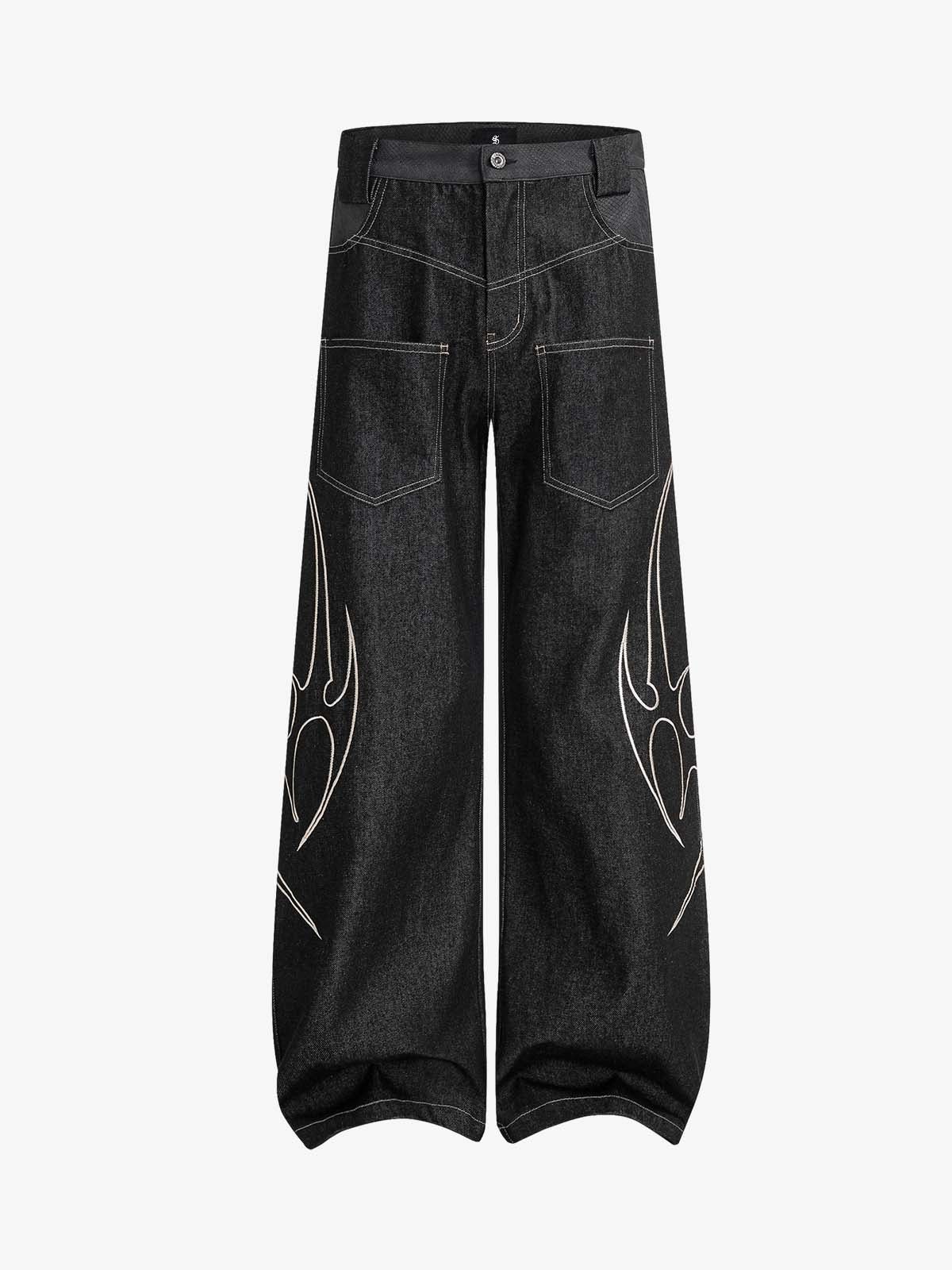 Flame Embroidered Wide Leg Washed Denim Jeans Flame Embroidered Wide Leg Washed Denim Jeans