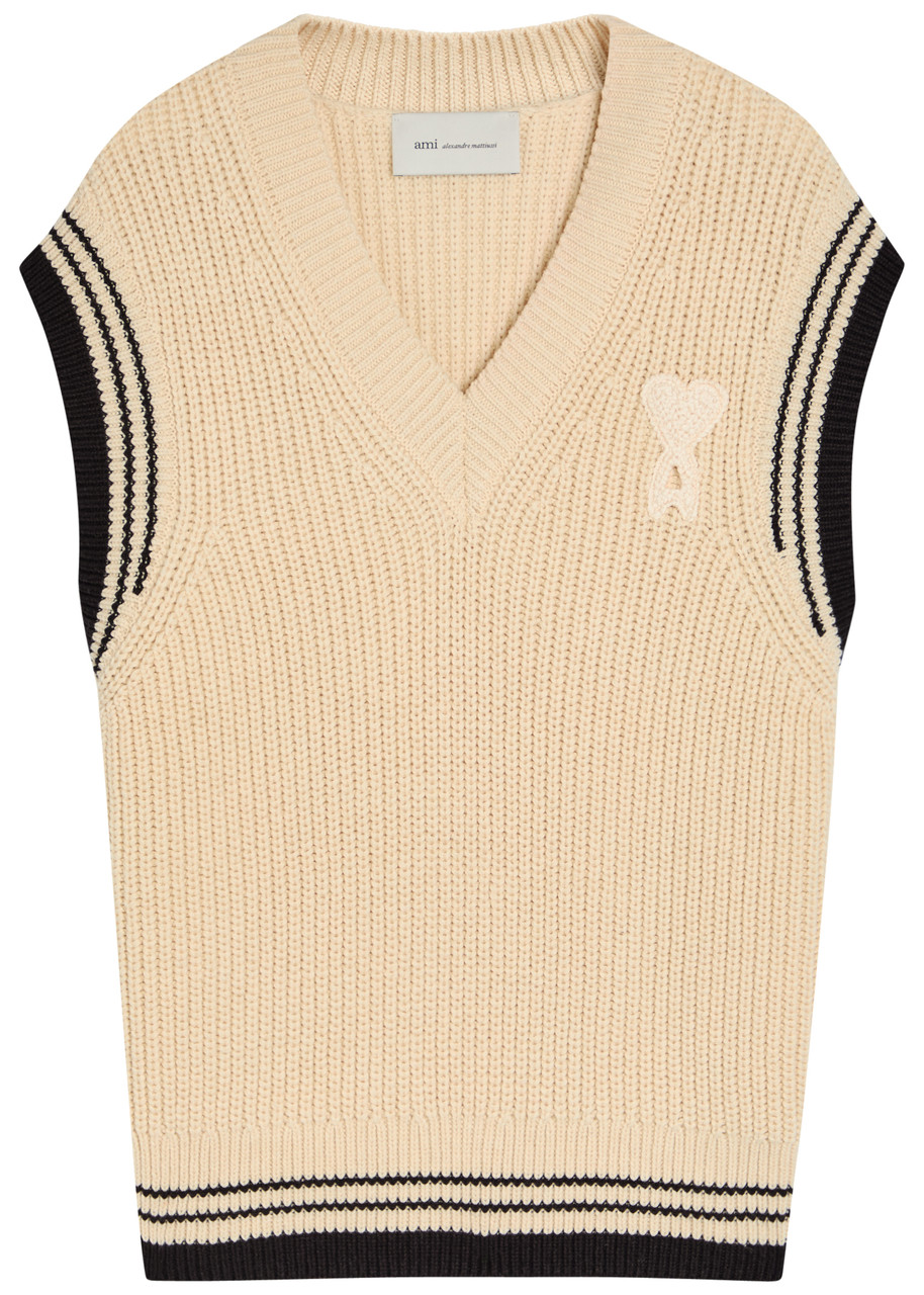 Ami Paris Logo-appliqud Wool-blend Vest – Cream Ami Paris Logo-appliqud Wool-blend Vest – Cream