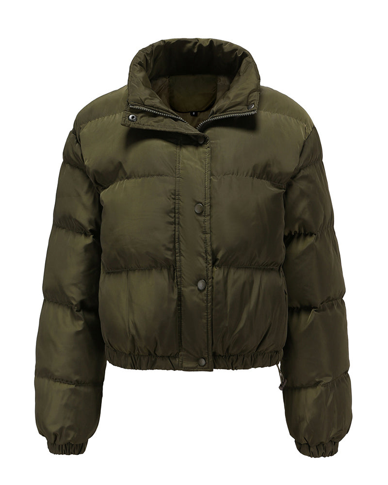 Short Puffer Jacket Stands Up Button Zipper Outerwear – Army Green Short Puffer Jacket Stands Up Button Zipper Outerwear – Army Green