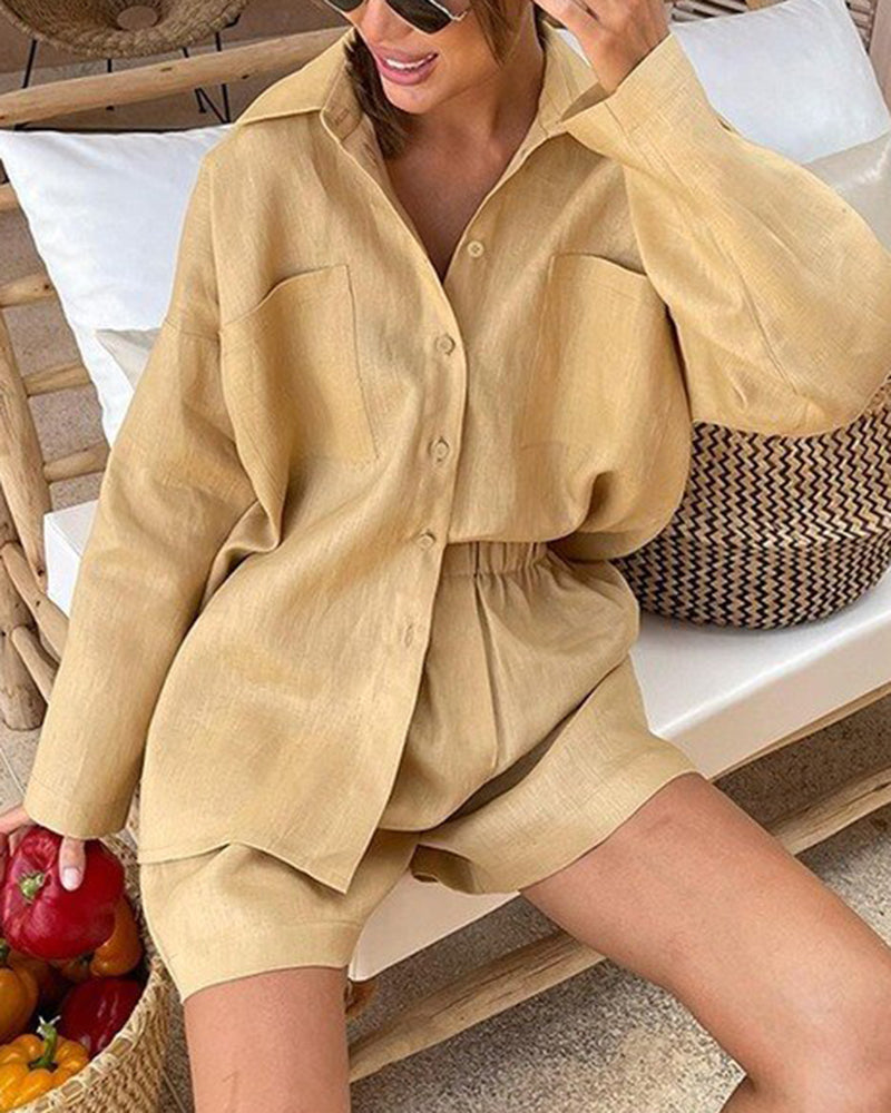 Two Piece Set Casual Loose Shirt Jacket and Elastic Shorts – Khaki S