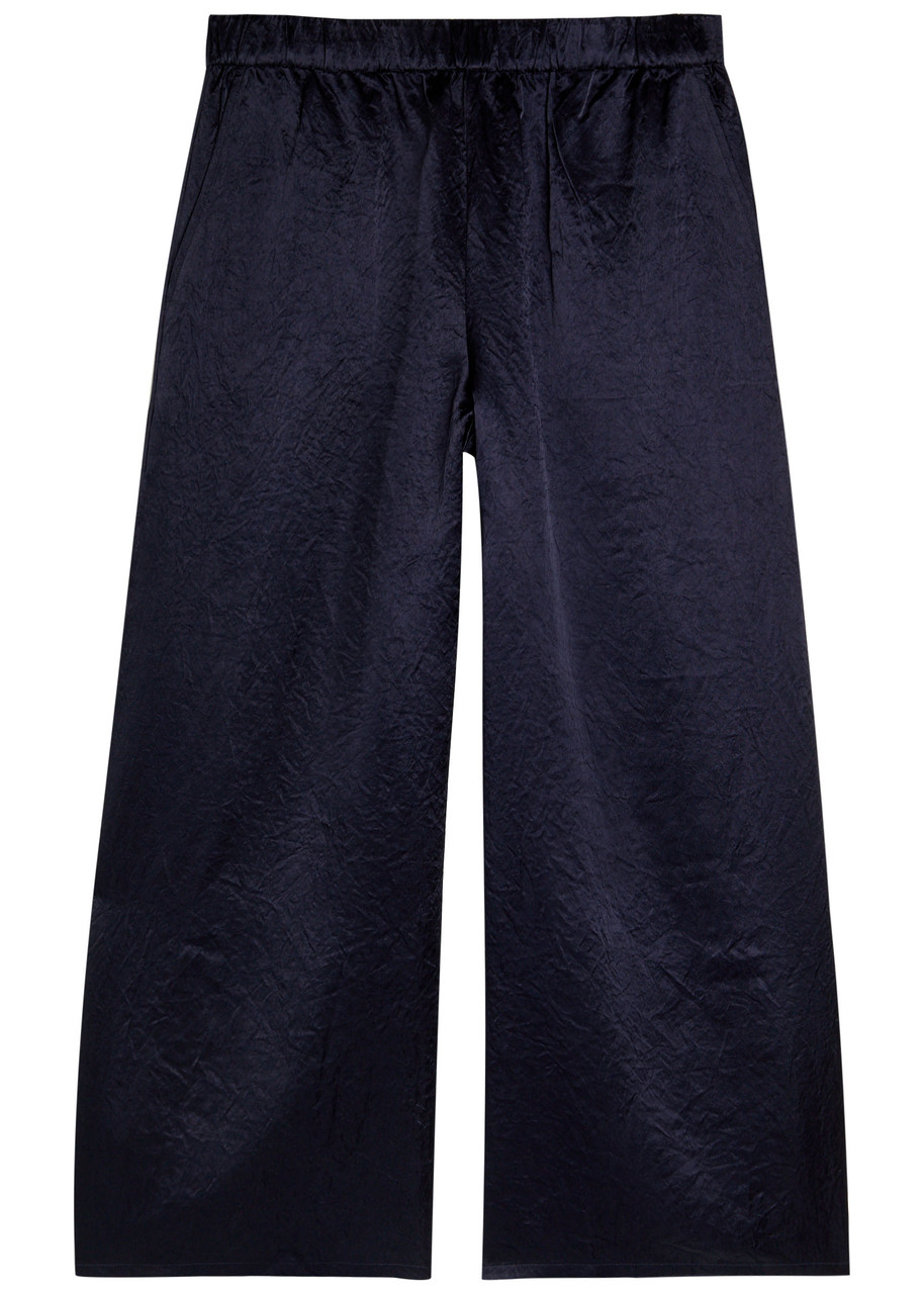 Eileen Fisher Crinkled Wide-leg Satin Trousers – Dark Blue – M – L Eileen Fisher Crinkled Wide-leg Satin Trousers – Dark Blue – M – L