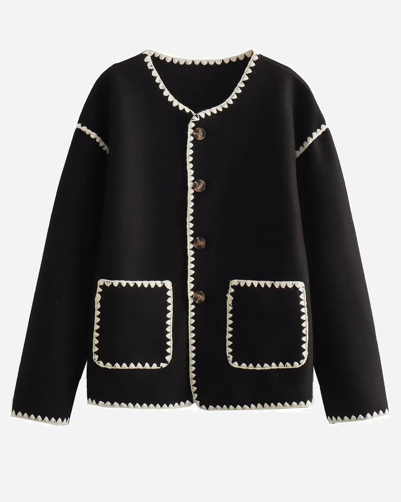 Zeagoo Buttoned Crew Neck Loose Color Block Knitted Jacket – Black S Zeagoo Buttoned Crew Neck Loose Color Block Knitted Jacket – Black S