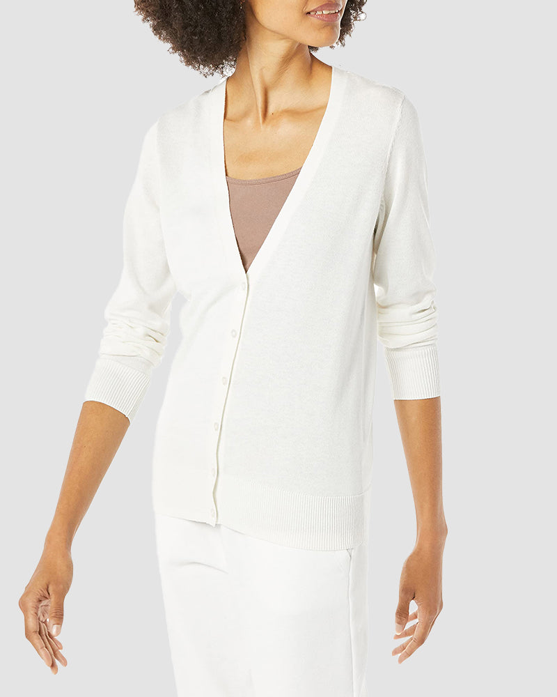 Long Sleeve Choker Top Lightweight Vee Cardigan Sweater – White S Long Sleeve Choker Top Lightweight Vee Cardigan Sweater – White S