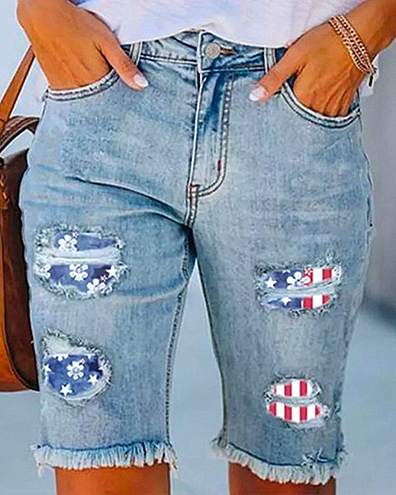 Independence Day Knee-Length Denim Shorts Flag Frayed Ripped Distressed Stretch Jeans – Blue L- Independence Day Knee-Length Denim Shorts Flag Frayed Ripped Distressed Stretch Jeans – Blue L-