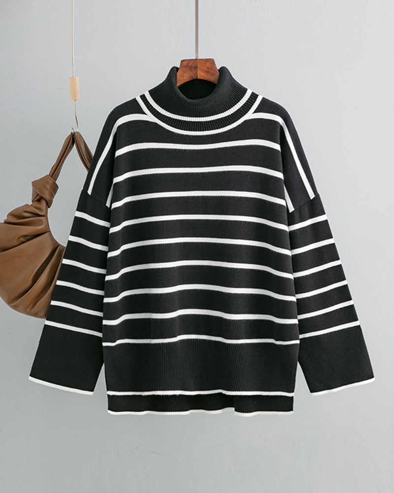 Striped Sweater Casual Turtleneck Knit Pullover Jumper Tops – Black L- Striped Sweater Casual Turtleneck Knit Pullover Jumper Tops – Black L-