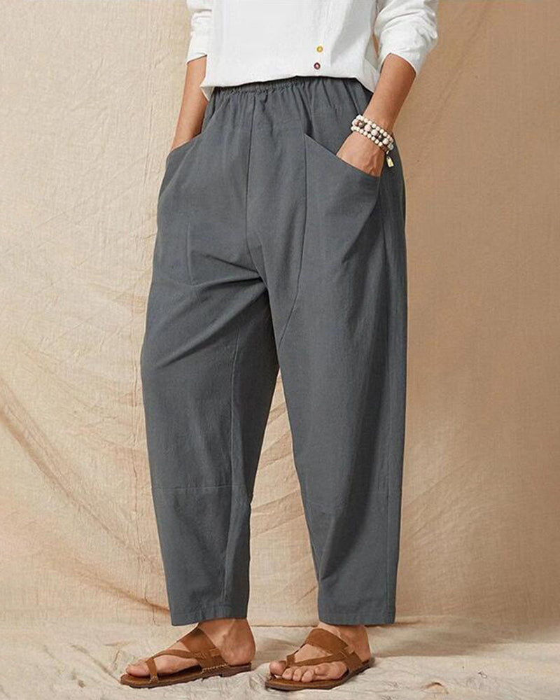 Solid Color Elastic Waist Cropped Wide Leg Pants Loose Trousers – Grey M Solid Color Elastic Waist Cropped Wide Leg Pants Loose Trousers – Grey M