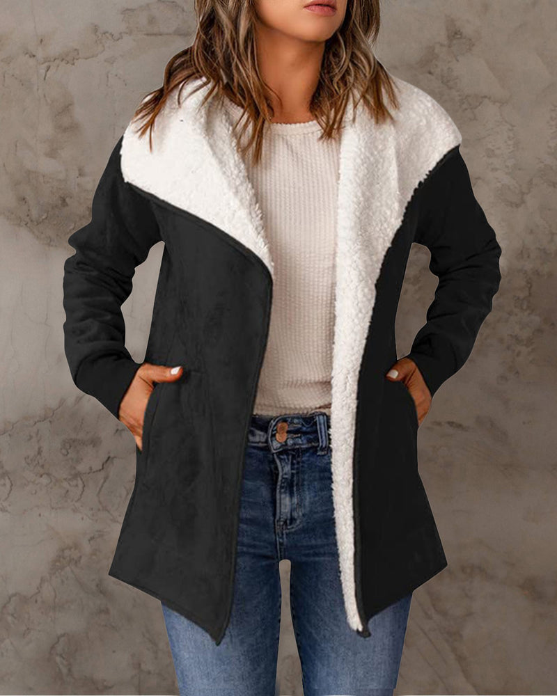 Fleece Long Sleeve Warm Teddy Coat Lapel Cardigan With Pocket – Black Fleece Long Sleeve Warm Teddy Coat Lapel Cardigan With Pocket – Black