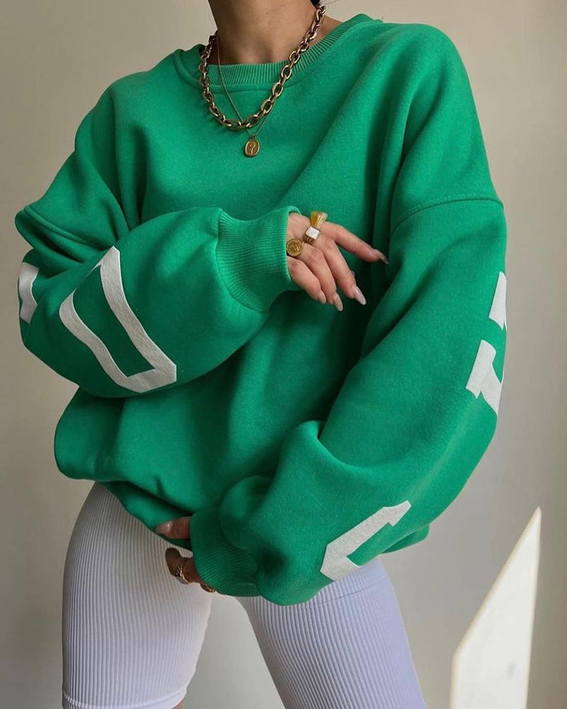 Oversize Sweatshirt Chicago Letter Graphic Long Sleeve Crewneck Pullover Top – Green L- Oversize Sweatshirt Chicago Letter Graphic Long Sleeve Crewneck Pullover Top – Green L-